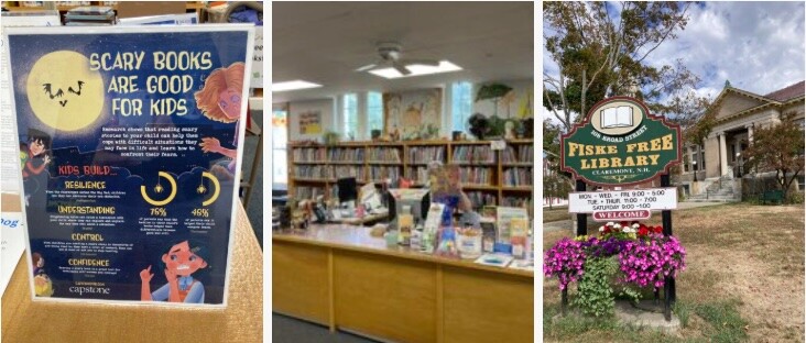 Collage of children&rsquo;s literacy displays, library front desk area, and the historic Fiske Free Library sign outside.