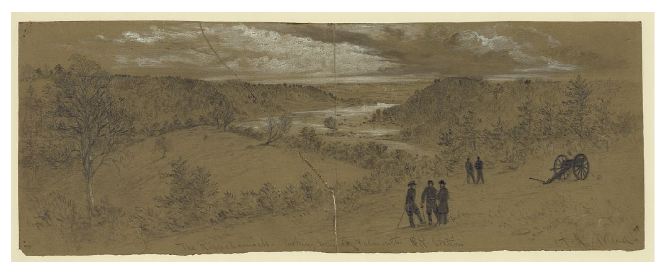 A sepia-toned landscape featuring hills, a river, and soldiers near a cannon.