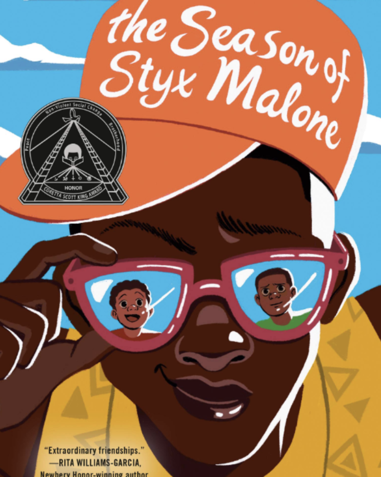 Illustration from "The Season of Styx Malone," featuring a boy with sunglasses and friends reflected.