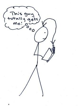 Stick figure character holding a book, thinking, "This guy totally gets me!"
