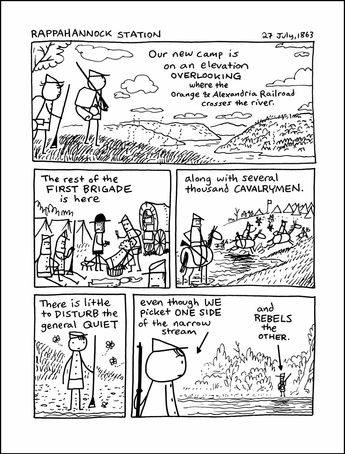 Comic strip depicting soldiers at Rappahannock Station discussing camp and nearby enemies.