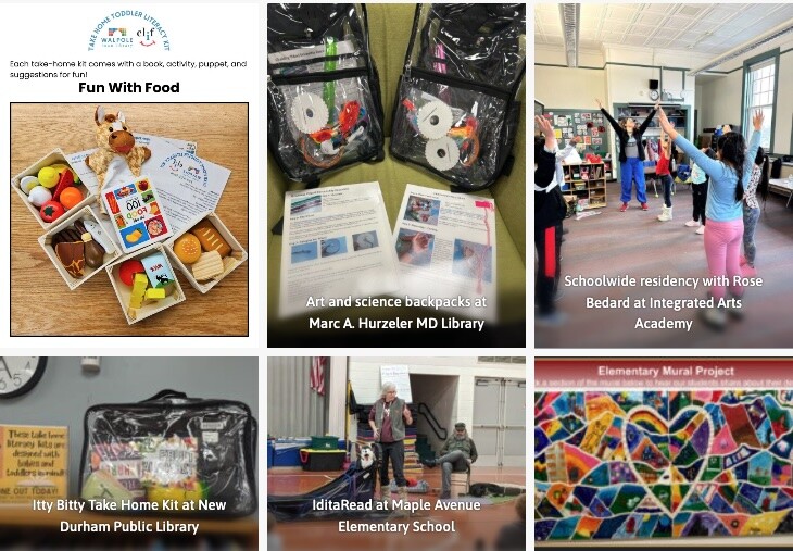 Collage showing community literacy programs with educational kits, library resources, classroom activities, and a colorful student mural.