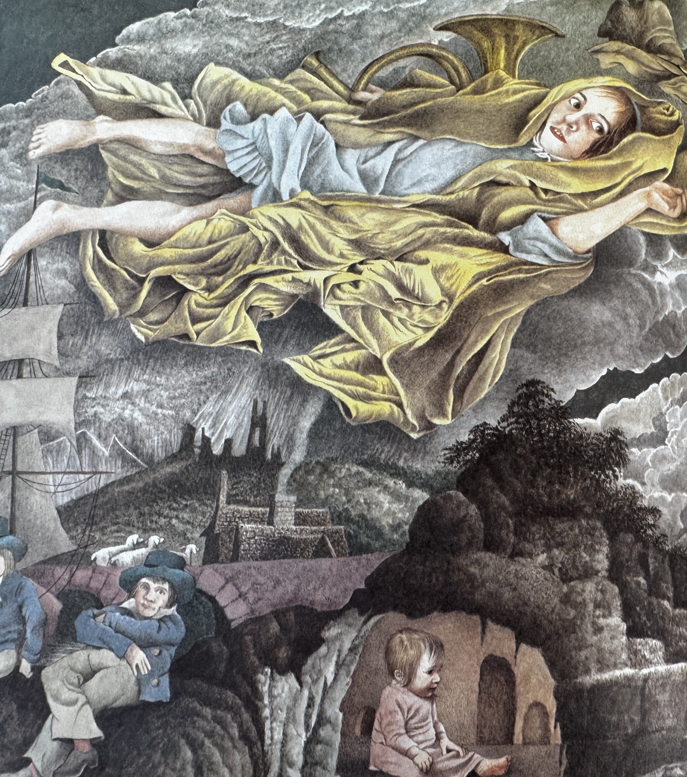 A figure with a horn floats above children and a landscape with ships and buildings.