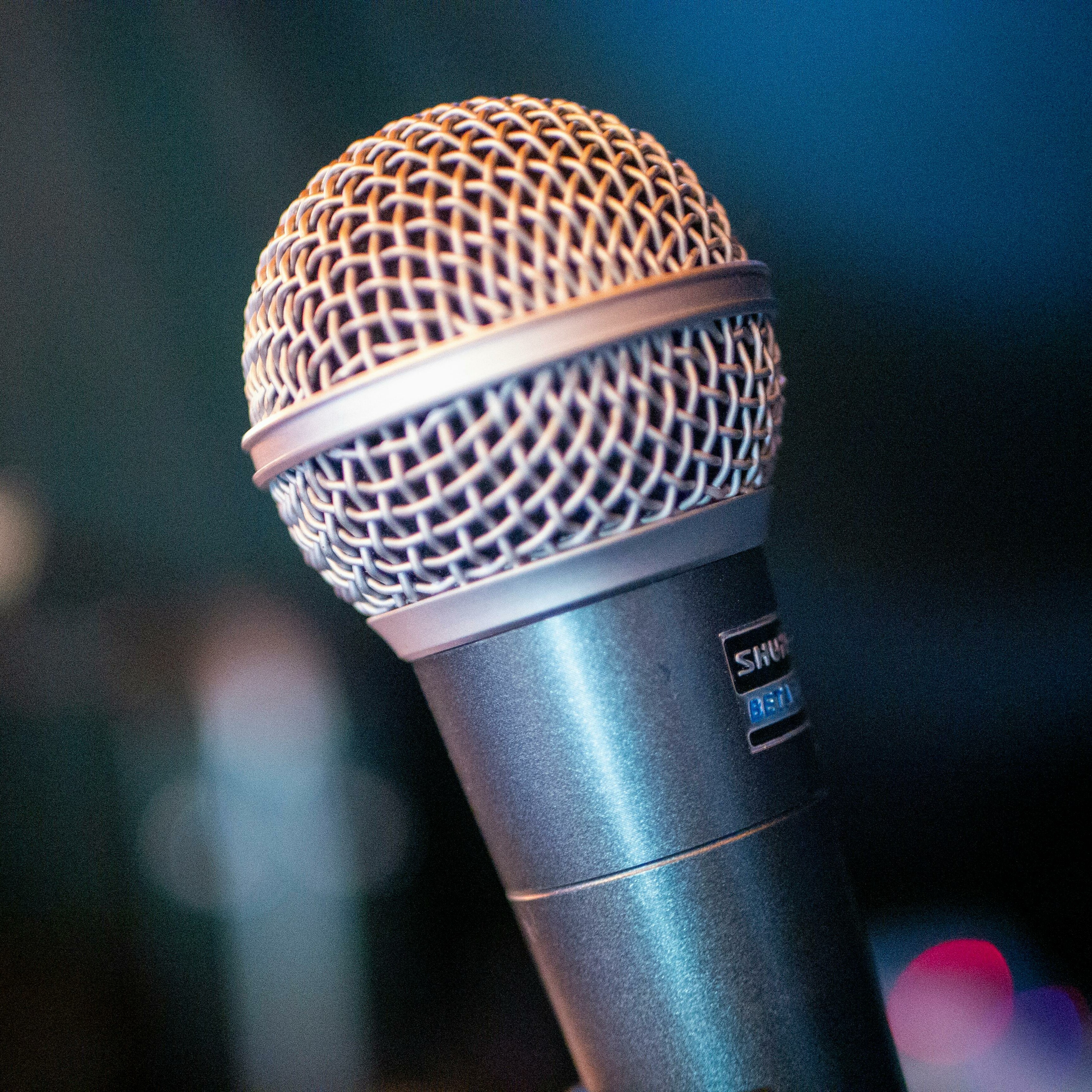 Close-up of a microphone with a mesh head and a metallic body, set against a blurred background.