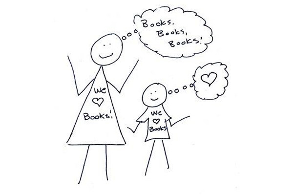 A drawing of a parent and child, both in "We ❤️ Books!" shirts, joyfully thinking about books.