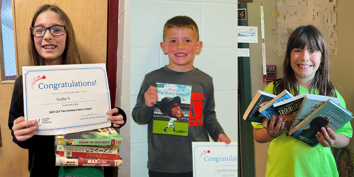Three kids proudly display awards and books from a storytelling contest.