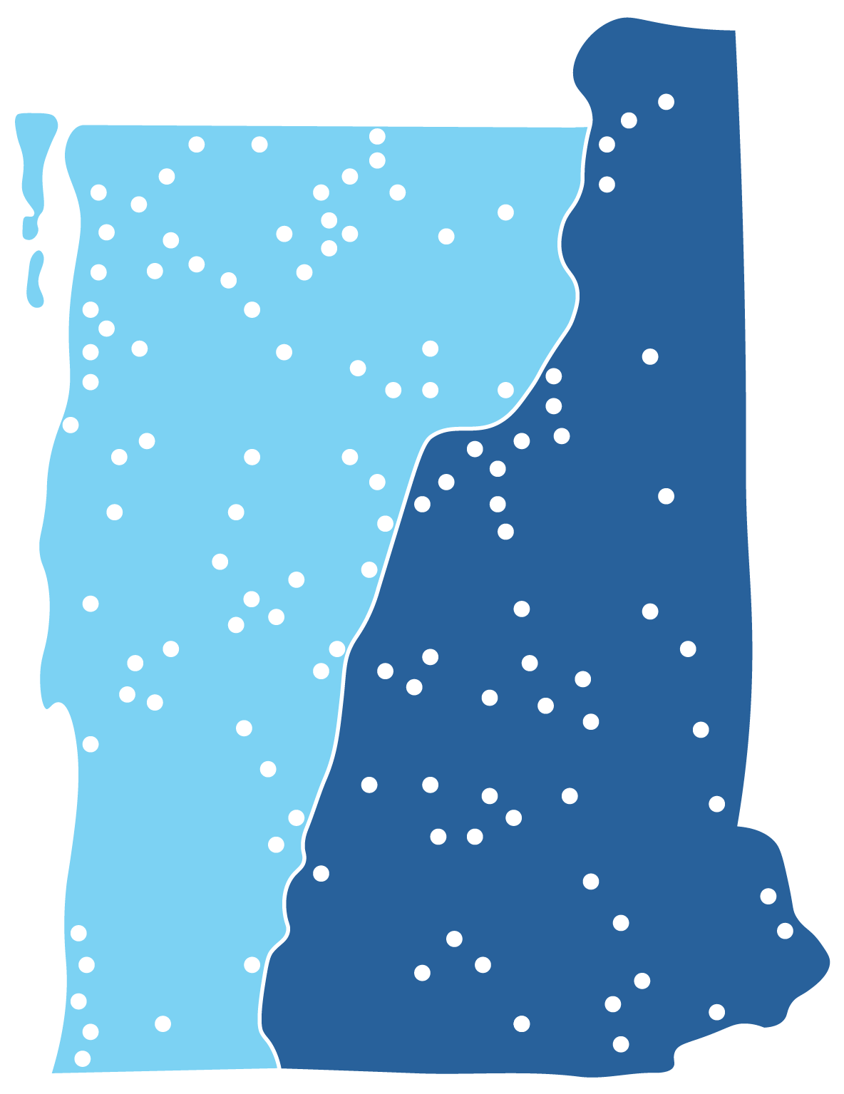Two-tone map of Vermont & New Hampshire with scattered white dots representing locations or data points across the states.