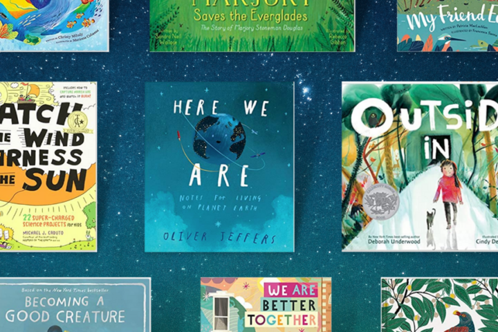 Collection of children&rsquo;s books about nature, science, and protecting the Earth displayed in a grid