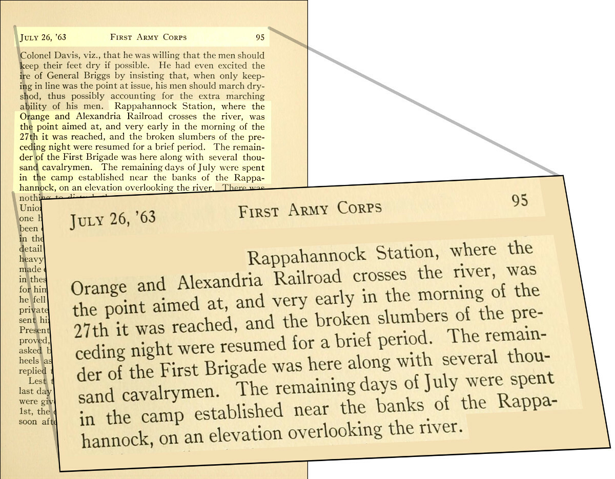 Text from a historical document about the First Army Corps at Rappahannock Station, July 1863.