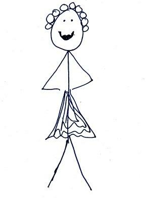 A simple stick figure with curly hair and a smiling face, wearing a dress.
