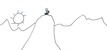 A stick figure sits on a mountain peak with a sun rising in the background.