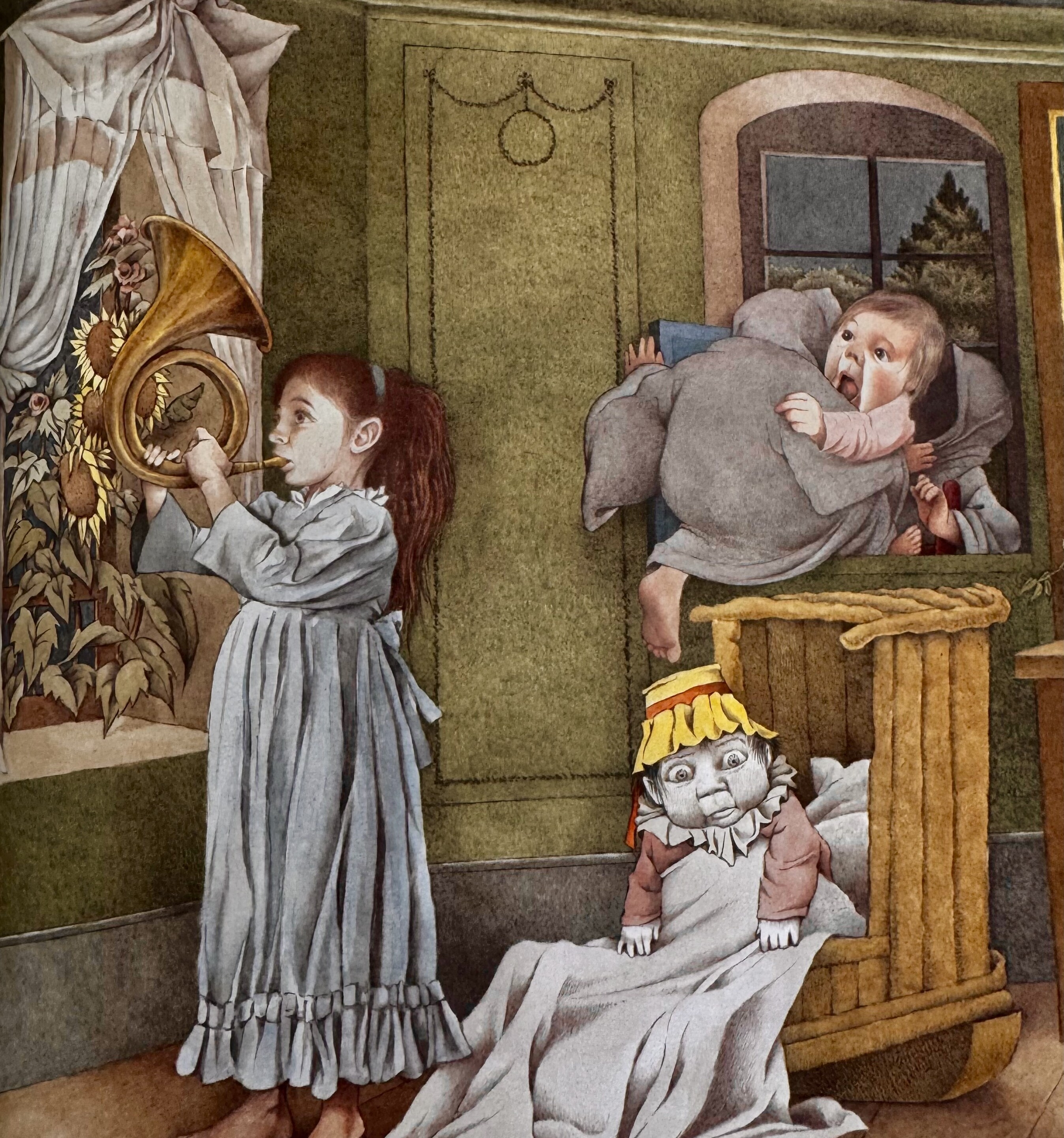 A girl plays a horn while a baby is abducted through a window by goblins; a replica made of ice is left in the baby's place