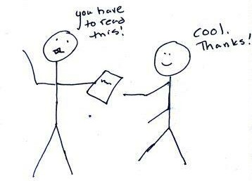 Two stick figures interact; one urges the other to read a paper, who responds with gratitude.