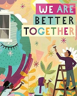 Illustrated kids book cover about cooperation and community with children painting a mural together