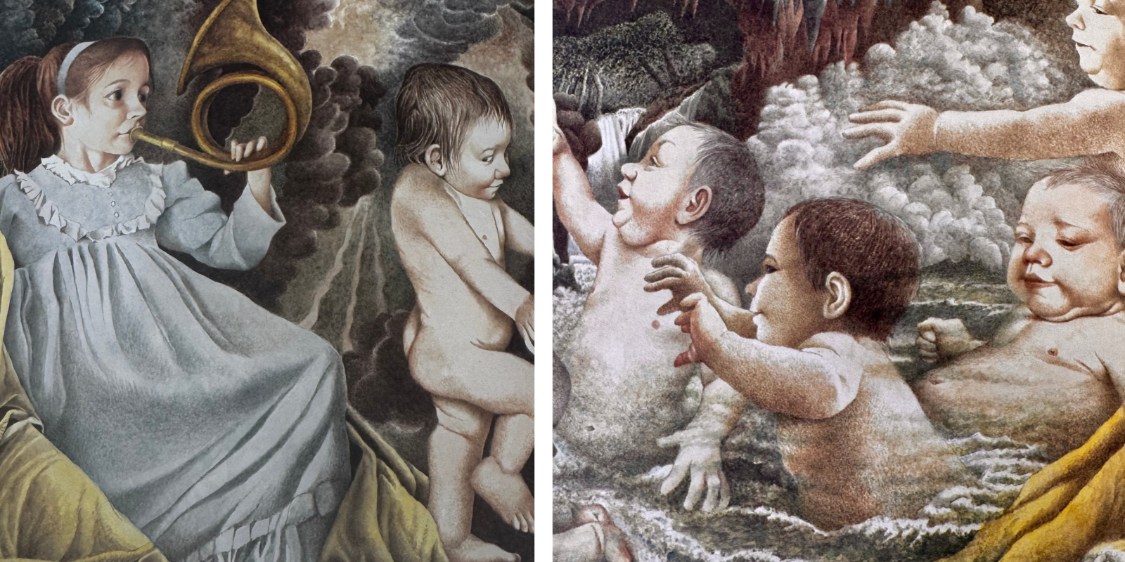 A girl plays a horn while babies splash in water, both in a surreal, whimsical style.
