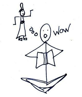 Stick figures: one reading a book in awe, another dancing above with "Wow" speech bubble.