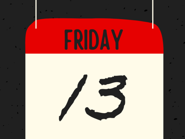 Hanging calendar graphic highlighting Friday the 13th on a dark background.