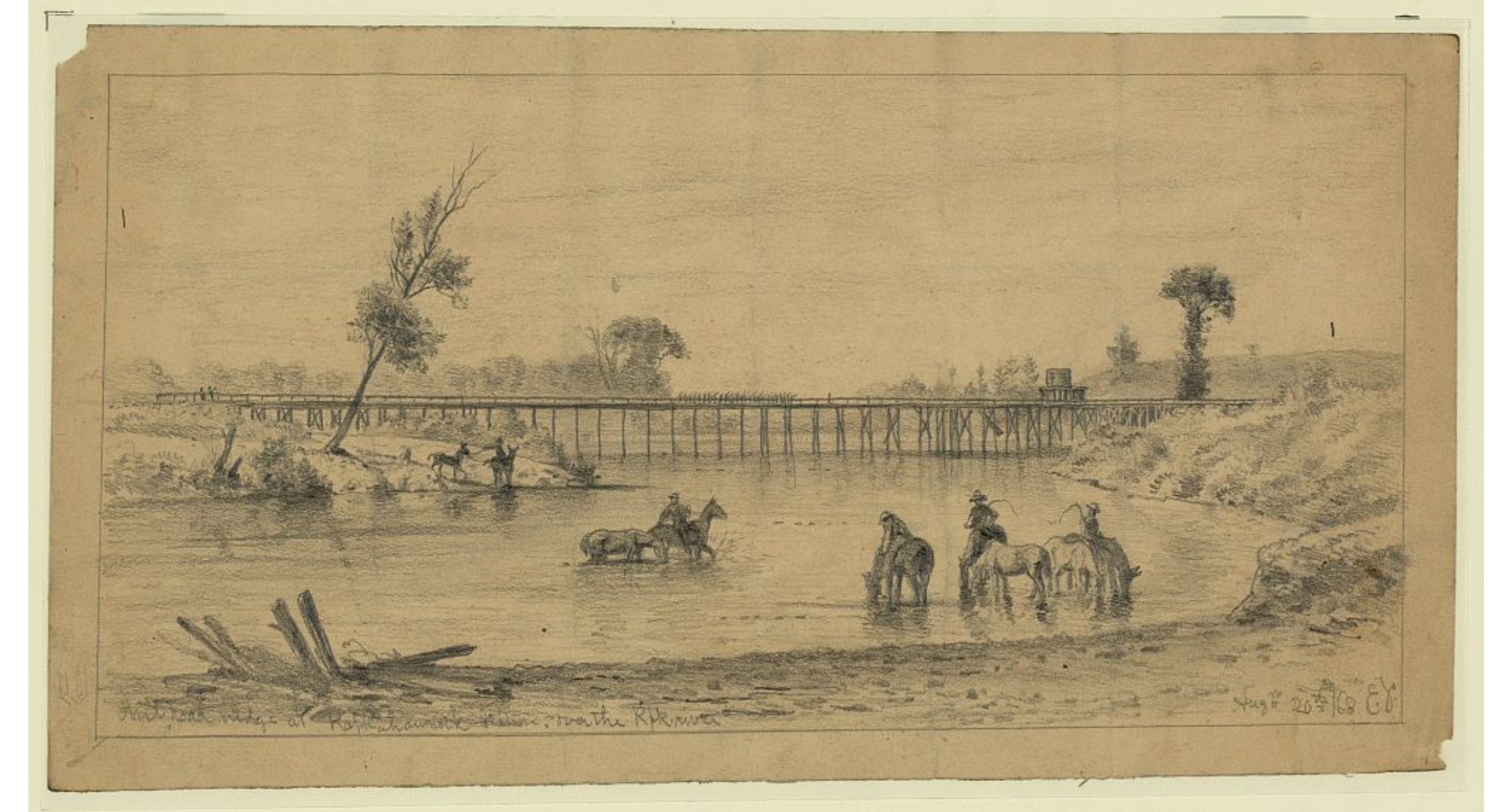 Drawing of a river scene with people on horseback and a wooden bridge in the background.