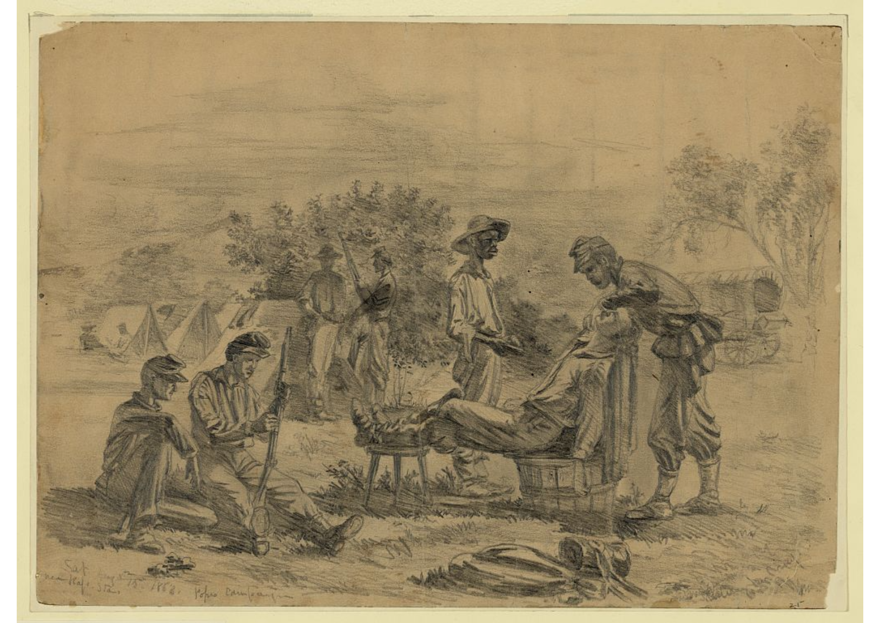 Soldiers in a camp attending to an injured comrade on a stretcher.