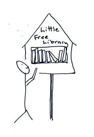 Stick figure at a "Little Free Library" with books inside a small house structure.