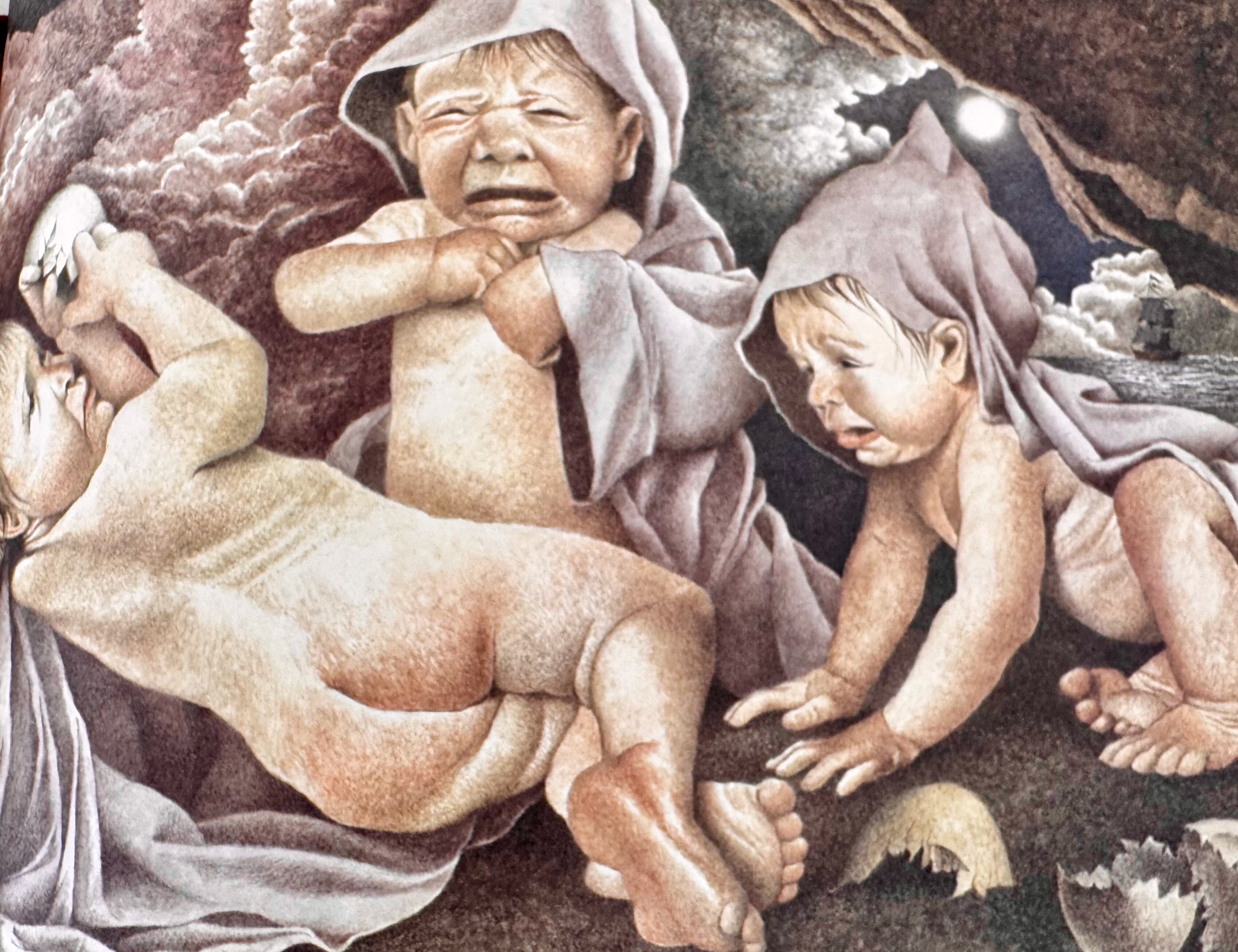 Three distressed babies, partially draped, in a dramatic, dark setting.