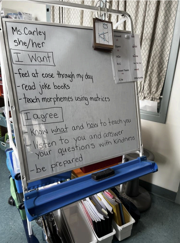 Whiteboard with teaching goals and agreements from Ms. Carley, including supportive learning wishes.