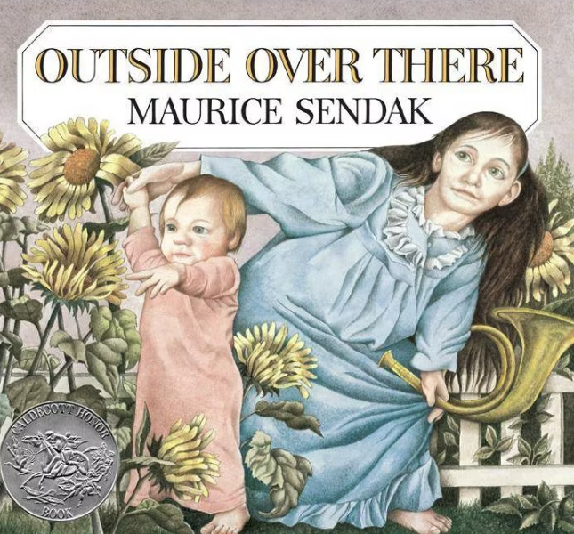 Book cover of "Outside Over There" by Maurice Sendak, featuring a girl and a baby among sunflowers.