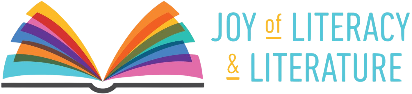 Colorful open book graphic with text "Joy of Literacy & Literature."