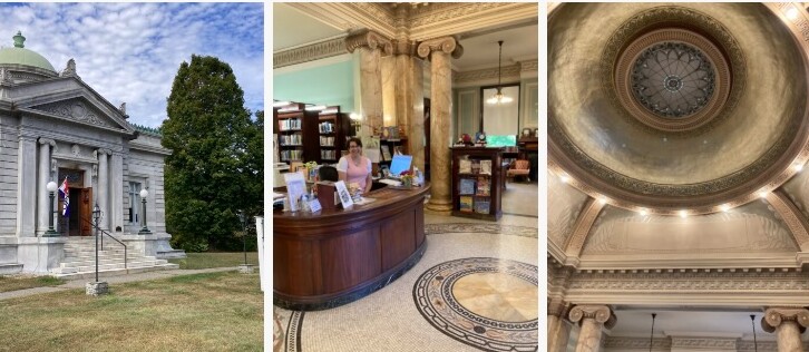 Rockingham Free Public Library exterior, historic interior lobby, and ornate domed ceiling architectural details.