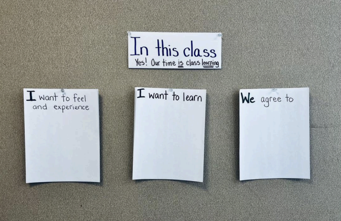Classroom wall with prompts about feelings, learning, and agreements.