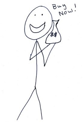 Stick figure holding a money bag with the text "Buy Now!" written above.