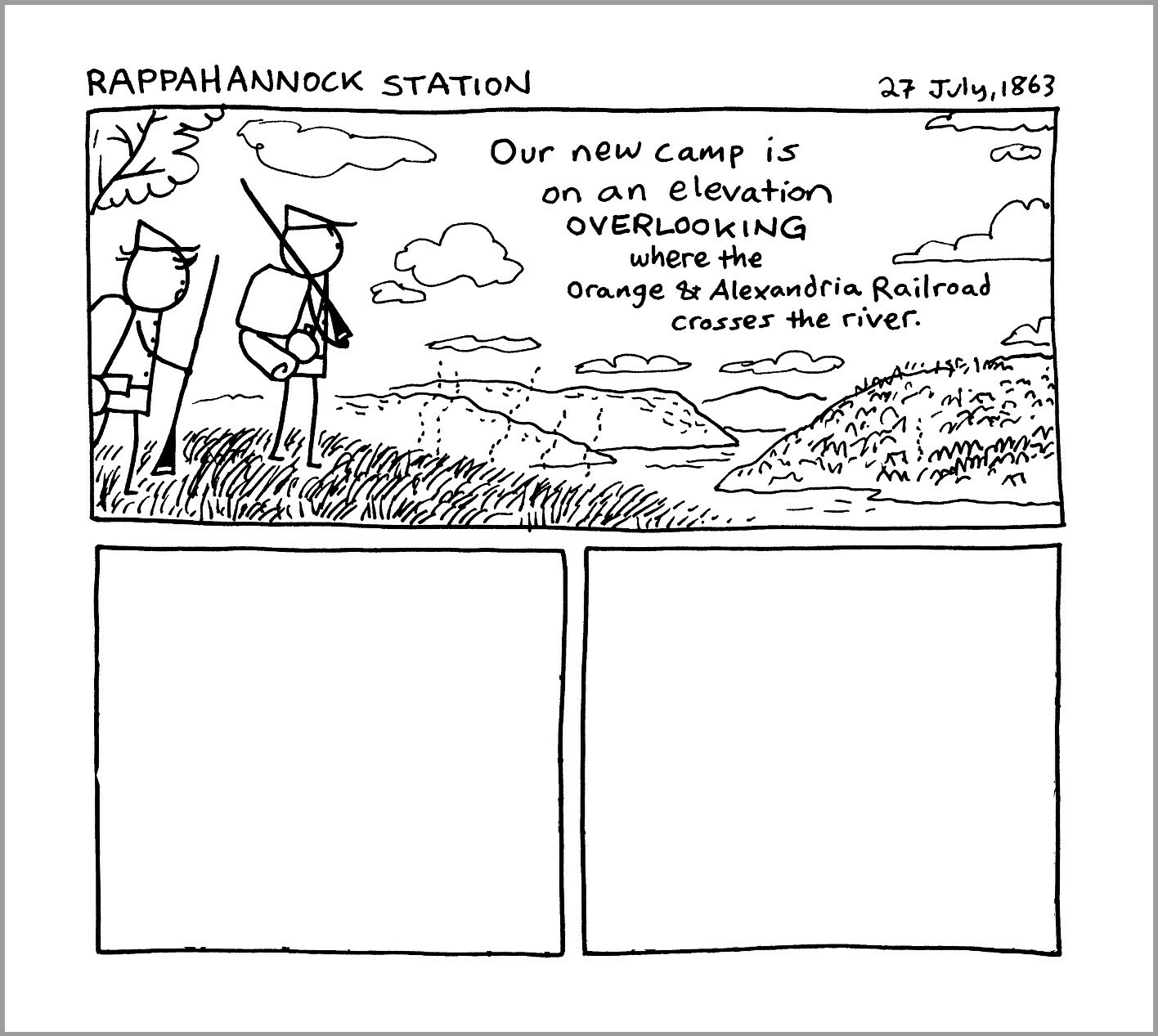 Two figures in a landscape discuss their new camp's location by a river and railroad.