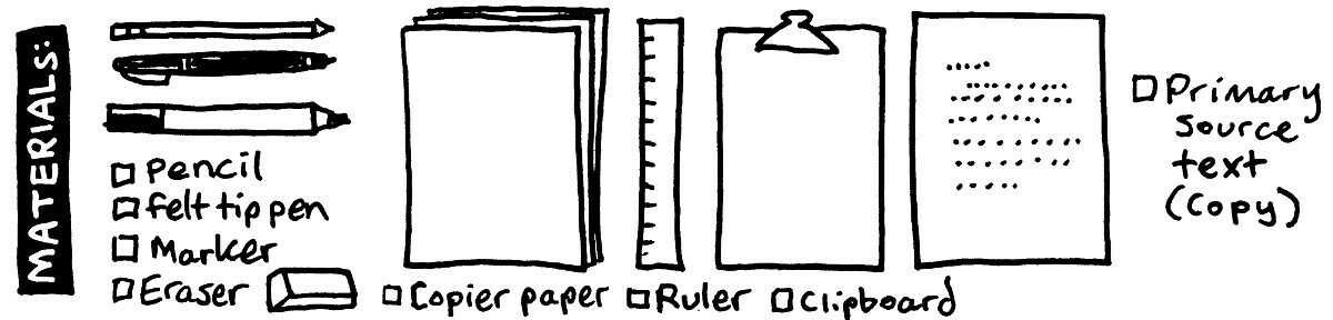 Image of materials needed: pencil, markers, papers, eraser, ruler, clipboard, and a checklist.