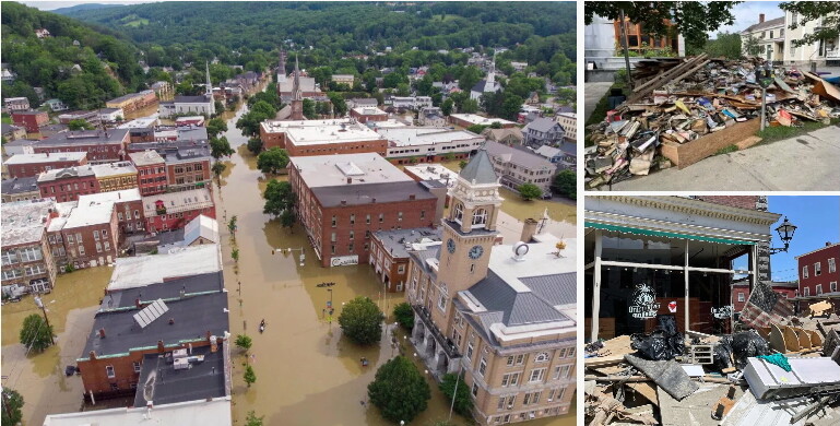 Drone view of a Montpelier, Vermont after severe flooding showing submerged streets and cleanup debris