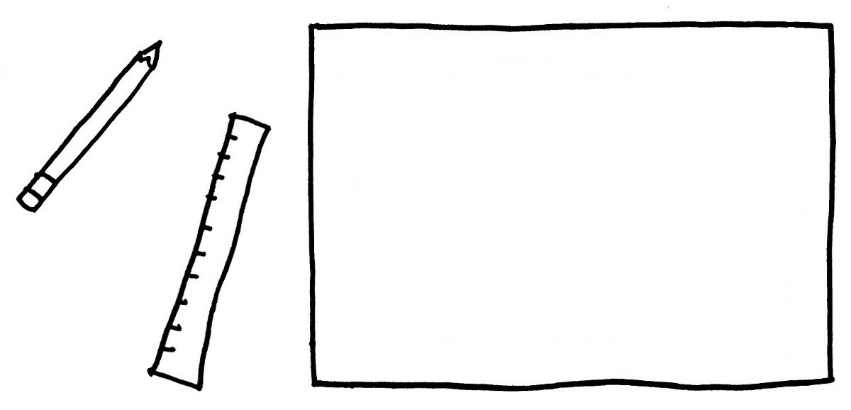 A pencil, ruler, and blank sheet of paper on a plain background.