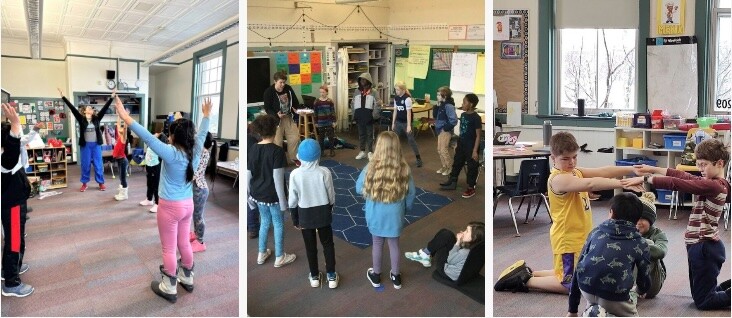 Elementary students participating in interactive classroom group activities and movement-based learning games.