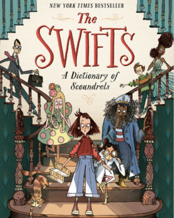 Colorful book cover featuring quirky characters on a staircase, titled "The Swifts."