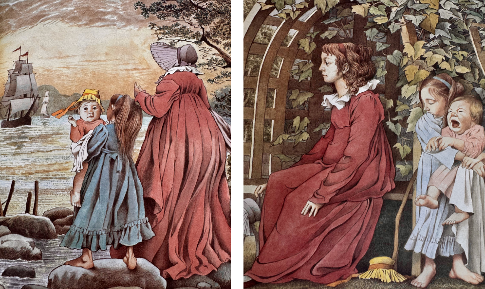 Two vintage illustrations: one of women and children by the shore, and another of girls in a garden.