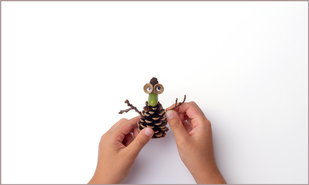 Hands holding a pinecone craft shaped like a small owl with twig wings and acorn nose on a white background.