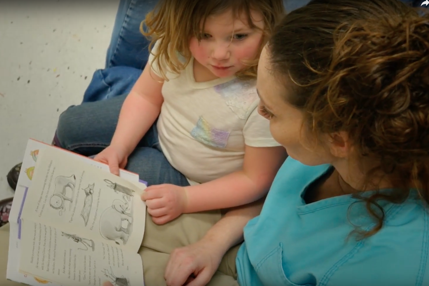 A child and an adult share a book, focused on the illustrations together.