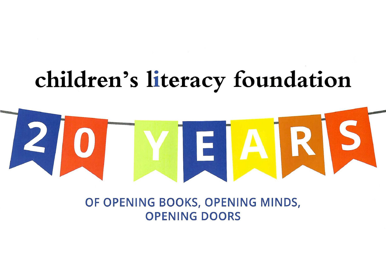 Logo of the Children's Literacy Foundation celebrating 20 years of promoting literacy.