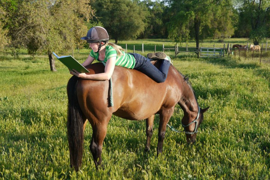 Girl reading on horseback